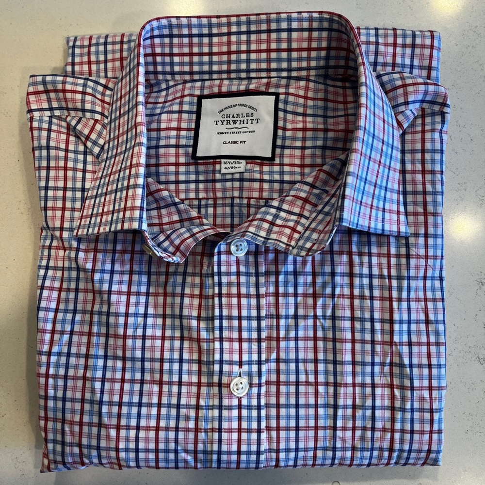 CHARLES TYRWHITT Shirt Mens 16.5 X 34 Red Blue Plaid Slim Fit London French Cuff